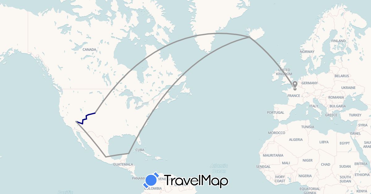 TravelMap itinerary: driving, plane in France, Iceland, Mexico, United States (Europe, North America)